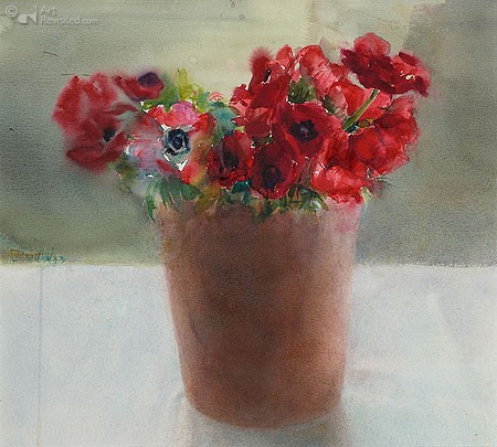 Dorry van de Winkel, Red anemones (Malerei, Aquarell, modern,  Blumen, Anemonen, Blumenvase, Blüten,  Wohnzimmer, Esszimmer, Schlafzimmer, Treppenhaus, bunt)