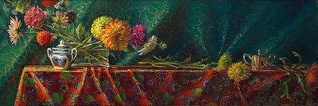 Keimpe van der Kooi, Twee Suikerpotjes (Malerei, Stillleben, Blumen, Blumenvase, Dahlien, edel, Zuckertopf, Nostalgie, Esszimmer, Wohnzimmer, bunt)