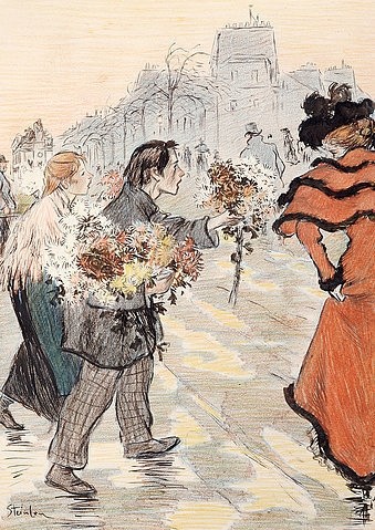 Théophile-Alexandre Steinlen, Straßenszene mit Blumenverkäufern. Eine von zwanzig Illustrationen für 'Autour Trottoir'. (Art Nouveau, Jugendstil, Frauen, Blumenverkäufer, Straßenszene, Stadt, Wohnzimmer, Treppenhaus, Wunschgröße, bunt)