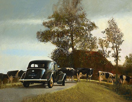 Martin Sijbesma, Slachte-Dyke (Landschaft, Straße, Oldtimer, Auto, Kühe, Hindernis, Oldtimer, Fotorealismus, Nostalgie, Treppenhaus, Wohnzimmer, bunt)