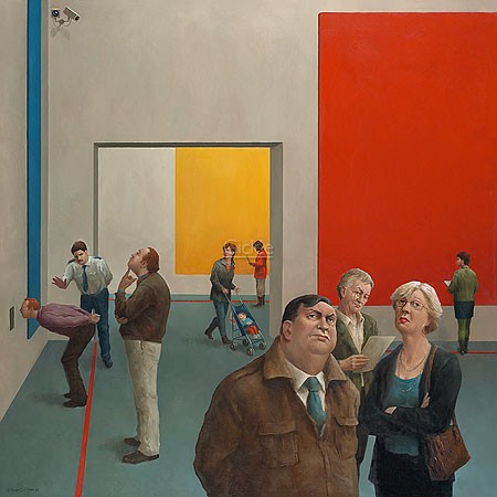 Marius van Dokkum, Exhibition (Malerei, Karikatur, Museum, Ausstellung, Kunstausstellung, Museumsbesucher, moderne Kunst, Ratlosigkeit, lustig,  komisch, Treppenhaus, Wohnzimmer, bunt)