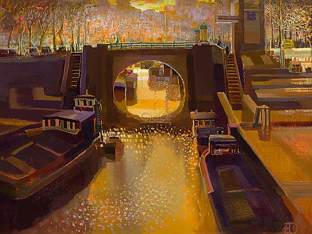 Ton Dubbeldam, Zonsondergang (Gracht, Kanal, Brücke, Sonnenuntergang, Boote,Malerei,  modern,  Wohnzimmer, Treppenhaus, Arztpraxis, bunt)