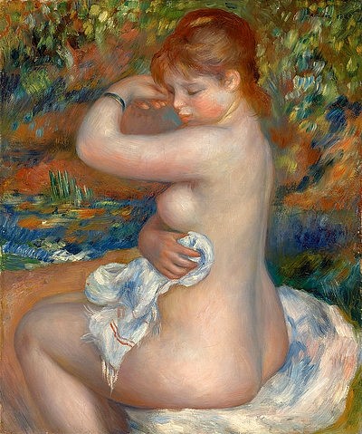 Pierre-Auguste Renoir, Badende. / Baigneuse. 1888. (Aktmalerei, Seitenakt, junge Frau, nackt, Baden, Handtuch, weiblich, Erotik, sinnlich, Sommer, Impressionismus, klassische Moderne, Wunschgröße, Wohnzimmer, Malerei)