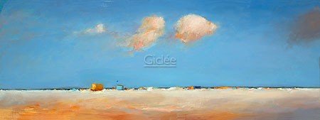 Dinie Boogaart, Beachmark 7 (Malerei, Landschaft, Niederlande, Meeresbrise, Meer, Strand, Sandstrand, Horizont, Wolken, Sommer, Sommerlicht, impressionistisch, Wohnzimmer, bunt)