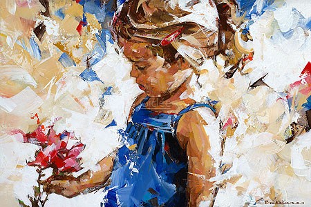 Dorus Brekelmans, Spring Flower (Malerei, modern, Mädchen,Blumen, Blüten, Frühling, Kind, Treppenhaus, Wohnzimmer, bunt)