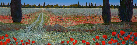 Ton Dubbeldam, Provence (Landschaft, Südfrankreich, Mohnblumen, Zypressen, mediterran, Sommer, Malerei, modern, Wohnzimmer, Treppenhaus,  bunt)