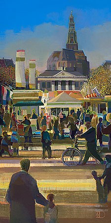 Ton Dubbeldam, Market Place (Stadt, Sommer, Holland, Markt, Menschen, Malerei, modern, Wohnzimmer, Treppenhaus, bunt)
