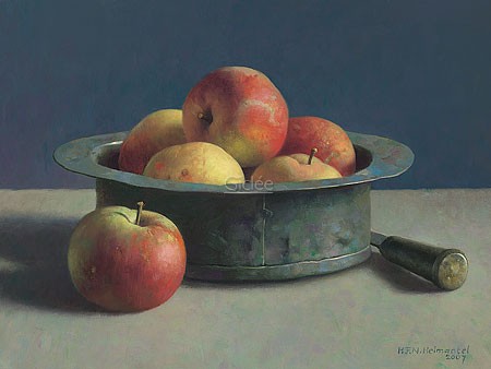 Henk Helmantel, Copper pot with apples (Malerei, Stillleben, Tisch, Kupferschale, Äpfel, Früchte, Herbst, Esszimmer, Küche, Wohnzimmer, bunt)