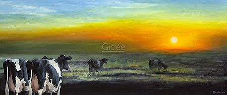 Geke Hoogstins, Sunset (Malerei, Natur, Landschaft,  Kühe, schwarz-weiße Kühe,Meer, Strand, Sonnenuntergang, Treppenhaus, Wohnzimmer, bunt)