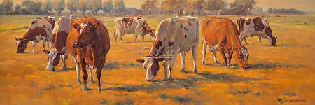 Geke Steenmetz, Autumn (Malerei, Natur, Kühe, Nutztiere, Tiere, Landschaft, Morgenlicht, Weide, Herbst, Wohnzimmer, Tierarztpraxis, Treppenhaus, bunt)