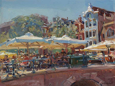 Hans Versfelt, Terrace on Bridge (Malerei, modern, Sommer, Café, Terrasse, Sommertag, Freizeit, Sonnenschirme, Bäume, Licht, Schatten, Gäste, Relfexionen, Wohnzimmer, Arztpraxis, bunt)