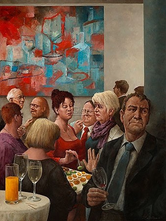 Marius van Dokkum, Drinks and nibbles (Malerei, Karikatur, Menschen, Kneipe, Charaktere, komisch, lustig, Treppenhaus, Wohnzimmer,  bunt)