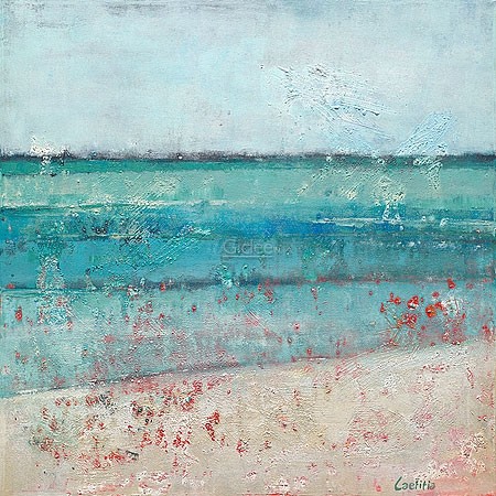 Laetitia Broersma, Zanzibar (abstrakte Malerei, modern, Landschaft, Insel, Meer, Strand, Horizont, Afrika, abstrakter Realismus,  Wohnzimmer, Treppenhaus, bunt)