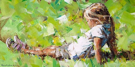 Dorus Brekelmans, Spring child (Malerei, modern, Mädchen, Wiese, Frühling, Kind, Treppenhaus, Wohnzimmer, bunt)