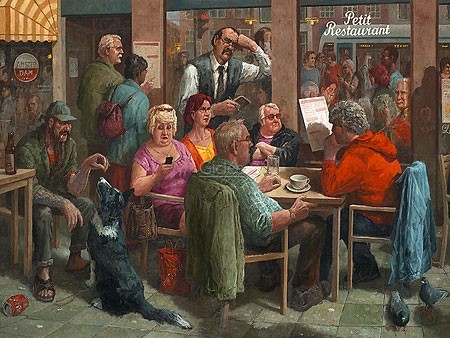 Marius van Dokkum, I'll have, uh ... (Malerei, Karikatur, Menschen, Kneipe, Charaktere, komisch, lustig, Treppenhaus, Wohnzimmer,  bunt)