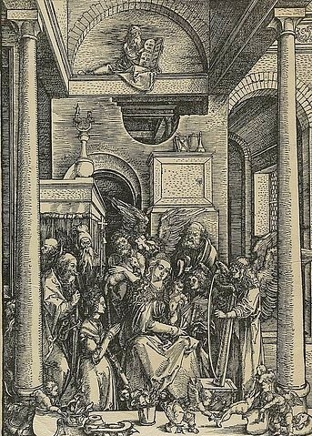 Albrecht Dürer, Marienleben: Mariens Verehrung. 1502. (Dürer,Albrecht,1471-1528,Hannover,Landesmuseum,Holzschnitt,16. Jahrhundert,Renaissance,albrecht dürer,holzschnitt,jungfrau maria,druckgrafik,grafik,christliche kunst,christentum,bibel,neues testament)