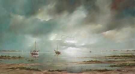 Jan Kooistra, Ships at the mudflat (Landschaft, Meer, Segelboote, Strand, Horizont, Ebbe, Holland, Wolken, Unwetter, Wolken, Esszimmer, Wohnzimmer, Treppenhaus, Malerei, bunt)