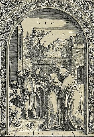 Albrecht Dürer, Marienleben: Joachim und Anna unter der Goldenen Pforte. Um 1504. (Dürer,Albrecht,1471-1528,Hannover,Landesmuseum,Holzschnitt,16. Jahrhundert,Renaissance,albrecht dürer,holzschnitt,jungfrau maria,druckgrafik,grafik,christliche kunst,christentum,bibel,neues testament,heilige anna,sankt anna)