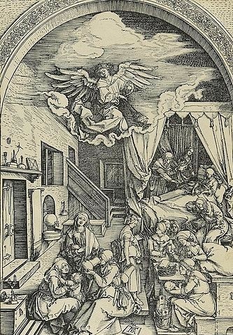 Albrecht Dürer, Marienleben: Die Geburt Marias. Um 1503. (Dürer,Albrecht,1471-1528,Hannover,Landesmuseum,Holzschnitt,16. Jahrhundert,Renaissance,albrecht dürer,holzschnitt,jungfrau maria,druckgrafik,grafik,christliche kunst,christentum,bibel,neues testament,sankt anna,heilige,geburt mariens)