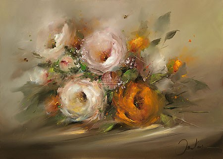 Jan Kooistra, White and orange (Rosen, Blumen,  Blumenstrauß, Blüten, Stillleben, modern, weich, zart, Esszimmer, Wohnzimmer, Treppenhaus, Malerei, bunt)