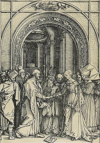 Albrecht Dürer, Marienleben: Die Vermählung Marias. Um 1504/05. (Dürer,Albrecht,1471-1528,Hannover,Landesmuseum,Holzschnitt,16. Jahrhundert,Renaissance,albrecht dürer,holzschnitt,jungfrau maria,druckgrafik,grafik,christliche kunst,christentum,bibel,neues testament,hochzeit,heirat)