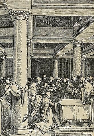 Albrecht Dürer, Marienleben: Die Darstellung im Tempel. Um 1505. (Dürer,Albrecht,1471-1528,Hannover,Landesmuseum,Holzschnitt,16. Jahrhundert,Renaissance,albrecht dürer,holzschnitt,jungfrau maria,druckgrafik,grafik,christliche kunst,christentum,bibel,neues testament,jesuskind,jesus christus,darstellung des herrn)