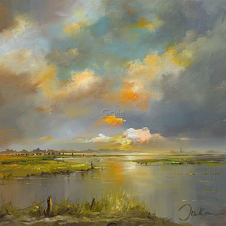 Jan Kooistra, Friesland (Landschaft, Flusslandschaft, Sonnenlicht, Fluss, Ebene, Holland, Esszimmer, Wohnzimmer, Treppenhaus, Malerei, bunt)