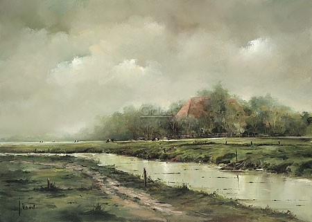 Jan Kooistra, dutch belt cows (Landschaft, Flusslandschaft, Fluss, Ebene, Holland,Bauernhof, Kühe, Esszimmer, Wohnzimmer, Treppenhaus, Malerei, bunt)