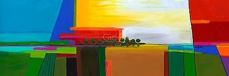  Hope, Anloo II (Landschaft, Eisenbahn, Waggon, abstrakte Malerei, modern, Wohnzimmer, Arztpraxis, Büro, Treppenhaus, bunt)