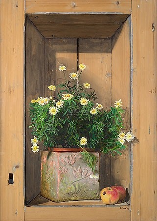 Johan Mulder, Flowers (Malerei,Blumentipf, Wildblumen, Stillleben, Apfel, Nische,  Esszimmer, Treppenhaus, Wohnzimmer, bunt)