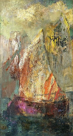 Odilon Redon, Die Barke (La Barque). (Symbolismus, Boot, Segelboot, Barke, maritim, Treppenhaus, Wohnzimmer, Wunschgröße, klassische Moderne, Malerei, bunt)