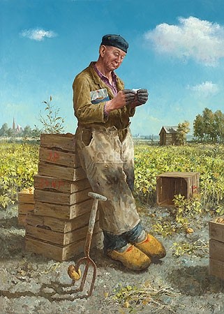 Marius van Dokkum, Potato Digger (Malerei, Portrait, Menschen, Mann, Bauer, Kartoffelernte, Mistgabel, Arbeit, Feldarbeit, Treppenhaus, Wohnzimmer, bunt)