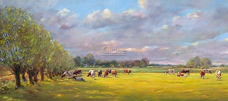 Geke Steenmetz, Cows at the willow lane (Malerei, Natur, Kühe, Nutztiere, Tiere, Landschaft, Morgenlicht, Weide, Wohnzimmer, Tierarztpraxis, Treppenhaus, bunt)