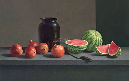 Henk Helmantel, Watermelon and pomegranates (Malerei, Stillleben, Tisch, Obst, Früchte, Melone, Wassermelone, Granatäpfel, Esszimmer, Küche, Wohnzimmer, naturalistisch, bunt)