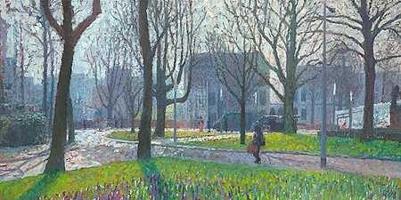 Annemiek Vos, Heresingel in spring (Landschaft, Park, Bäume, Frühling, Groningen, Krokusse, Spaziergänger, Wohnzimmer, Treppenhaus, Malerei, zeitgenössisch, bunt)