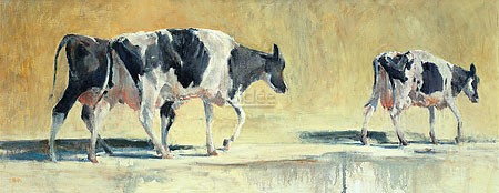 Hiske Wiersma, Daar gaan we weer (Malerei, Tiere, Kühe, Milchkühe,  Marsch, Nutztiere, Schwarzbunte, Sonnenlicht, modern, Esszimmer, Wohnzimmer, bunt)