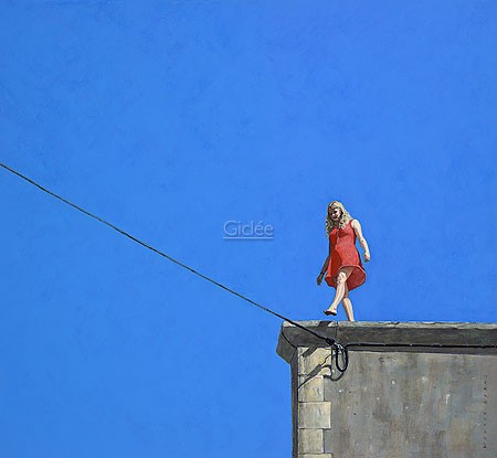 Wouter Berns, The deliberation (Dach, Frau, Seil, Seiltänzer, Gratwanderung, Entscheidung, Gefahr, Risiko, metaphysisch,  Wohnzimmer, Treppenhaus,  Jugendzimmer, Malerei, bunt)