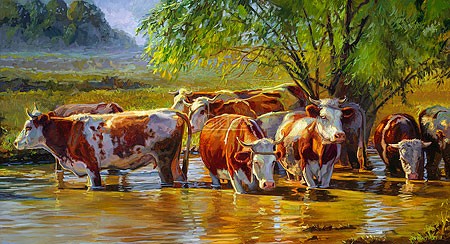 Jan van 't Hoff, Red-and-white cattle under the willow (Kühe, Herde, Nutztiere, Landschaft, Tümpel, Durst, Trinken, Sonne, Sommer, Weide, Baum, Abkühlung, naturalistisch, Wohnzimmer,  Malerei, bunt)