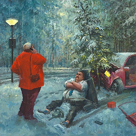 Marius van Dokkum, We'll be somewhat later (Malerei, Karikatur, Unfall, Winter, Glatteis, Crash, Verspätung, Panne, Ehepaar, lustig,  komisch, Treppenhaus, Wohnzimmer, bunt)