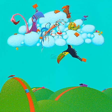 Jasper Oostland, Cloud birds (Malerei, Wolke, Vögel, Tukan, Flamingo, Paradiesvögel, Landschaft, naiv, witzig, lustig, niedlich, komisch, Kinderzimmer, Treppenhaus, bunt)