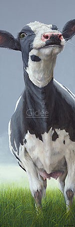 Geke Hoogstins, Joy (Tier, Kuh, schwarz-weiße Kuh, Nutztier, naturalistisch, Malerei, Stimmung, Charakter, Persönlichkeit, Freude, witzig, lustig, Treppenhaus, Wohnzimmer, bunt)