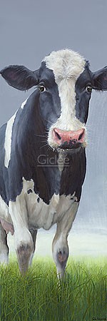 Geke Hoogstins, Shy (Tier, Kuh, schwarz-weiße Kuh, Nutztier, naturalistisch, Malerei, Stimmung, Charakter, Persönlichkeit, schüchtern, witzig, lustig, Treppenhaus, Wohnzimmer, bunt)