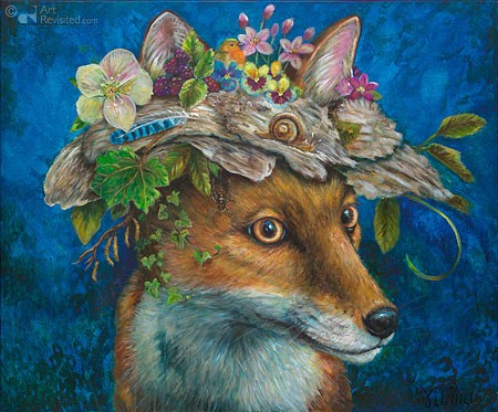 Berg, Habitat (Fuchs, Kopfschmuck, Hut, Blüten, Schnecke, witzig, Humor, Malerei, zeitgenössisch, Wohnzimmer, Treppenhaus, bunt)