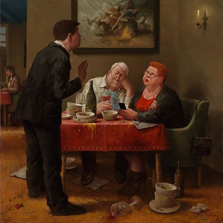 Marius van Dokkum, Is alles naar wens? (Restaurant, Bedienung, Höflichkeit, Ehepaar, schlechte Laune, Chaos, Sauerei, Malerei, Humor, witzig, lustig, Esszimmer, Wohnzimmer,)