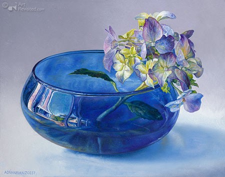 Zoest, Hortensia in blauw glas (Stillleben, modern, blaue Glasschale, Hortensie, Blüte, naturalistisch, Malerei, Treppenhaus, Esszimmer, Wohnzimmer, blau/bunt)