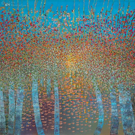 Dubbeldam, Sunset Reflection (Garten, Obstbäume, abstrahiert, Sonnenschein, Reflektionen, Leuchten, modern, Pointilistisch, Malerei, Wohnzimmer, Arztpraxis, bunt)