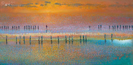 Dubbeldam, Sunset (Sonnenuntergang, Meer, Sonnenschein, Reflektionen, Leuchten, modern, Pointilisisch, Malerei, Wohnzimmer, Arztpraxis, bunt)