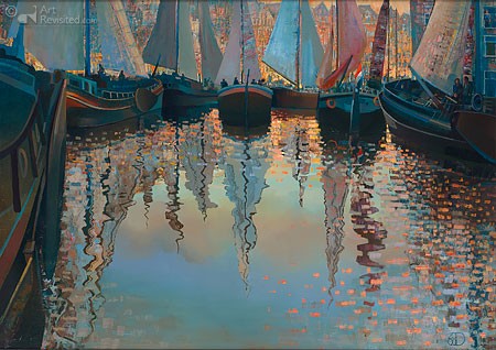 Dubbeldam, Floating Ratatouille (Hafen, Wasser, Boote, Segelboote, Fischerboote, Sonnenuntergang, Sonnenschein, Reflektionen, Leuchten, modern, Malerei, Wohnzimmer, Arztpraxis, bunt)