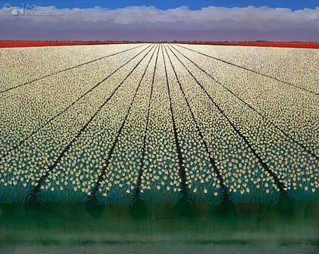 Dubbeldam, White tulipfields (Landschaft, Niederlande, Tulpenfeld, Blumen, Pflanzen, Gärtnerei, Beete, Horizont, Fluchtpunkt, modern, Malerei, Wohnzimmer, bunt)