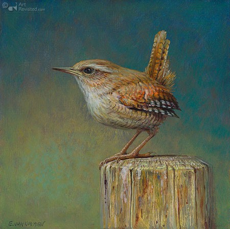 Erik van Ommen, Winterkoninkje (Vogel, Zaunkönig, Tierportrait, naturalistisch, Ornithologie, Wohnzimmer, Treppenhaus, zeitgenössische Malerei, bunt)